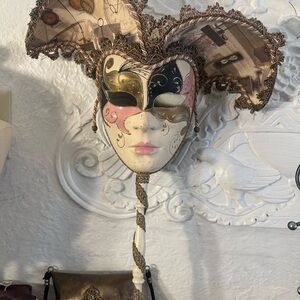 Vintage Authentic Venetian Mask Italy w/Pink Gold Accents w/opera stick Signe